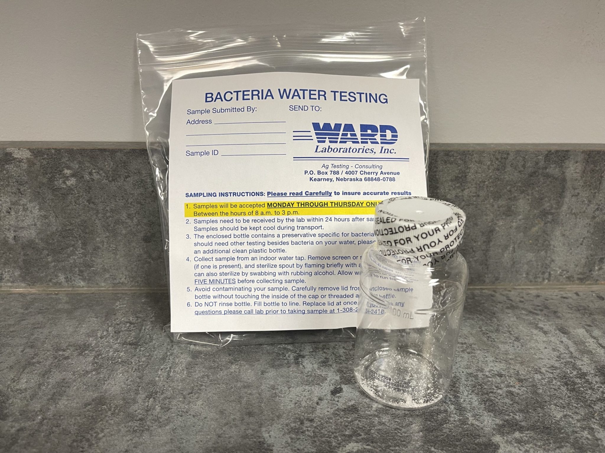 Sterilized Water Bottles for Bacteria Testing Ward Laboratories, Inc.